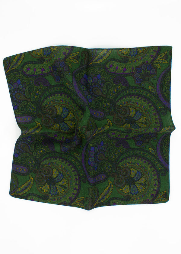 Paisley Wool Pocket Square - Green